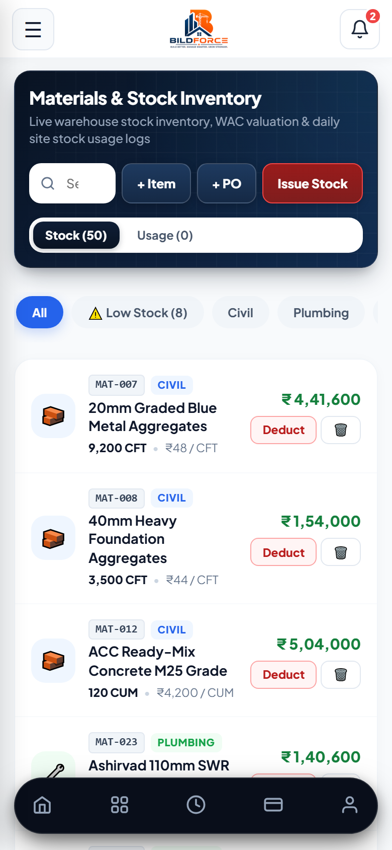 Real Site Materials and Stock Inventory