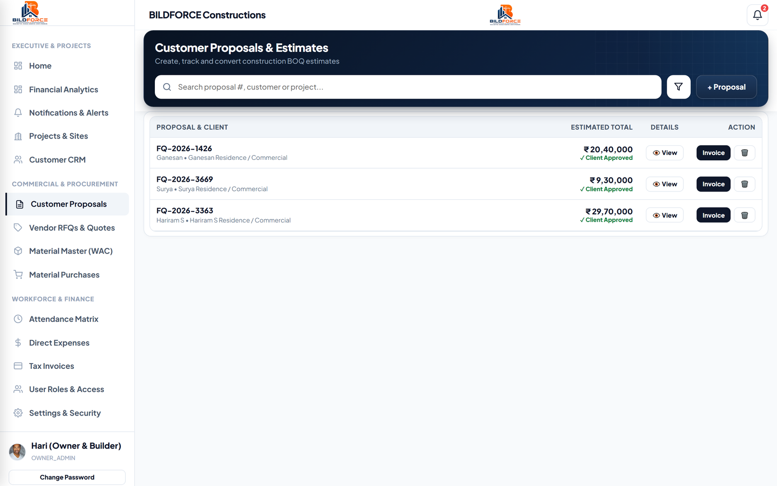 Real Customer Proposals and Quotations Dashboard